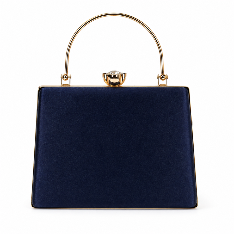 KarryQ Navy Blue Satin Box Clutch Bag for Women | Designer Party & Wedding Handbag with Metal Handle