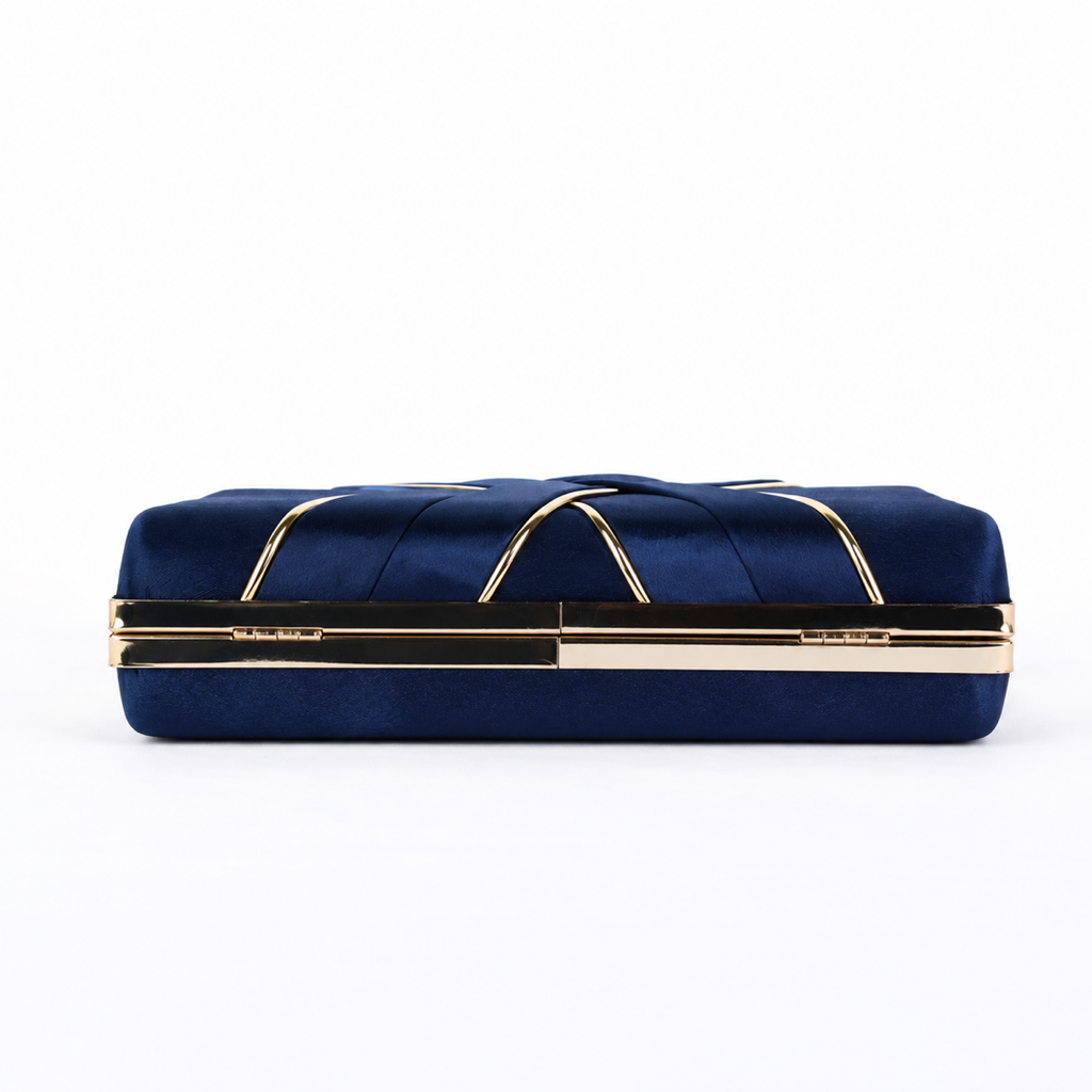 KarryQ Navy Blue Satin Box Clutch Bag for Women | Designer Party & Wedding Handbag with Metal Handle
