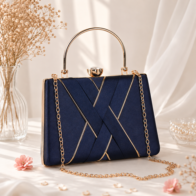 KarryQ Navy Blue Satin Box Clutch Bag for Women | Designer Party & Wedding Handbag with Metal Handle