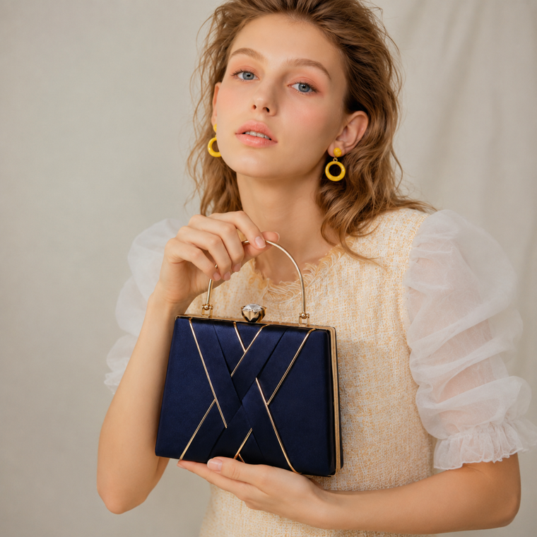KarryQ Navy Blue Satin Box Clutch Bag for Women | Designer Party & Wedding Handbag with Metal Handle