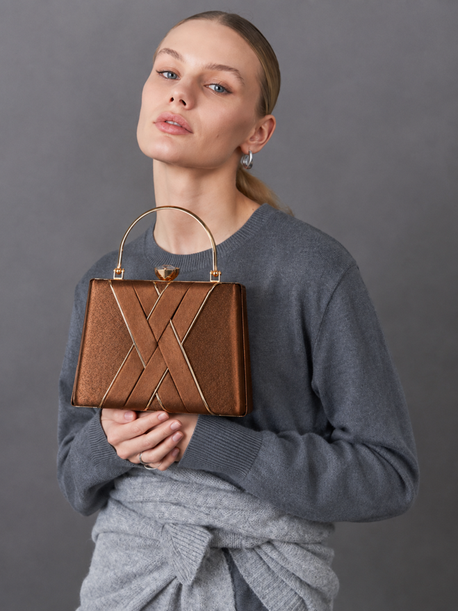 KarryQ Bronze Metallic Box Clutch Bag for Women | Designer Handheld Party & Wedding Clutch with Metal Handle