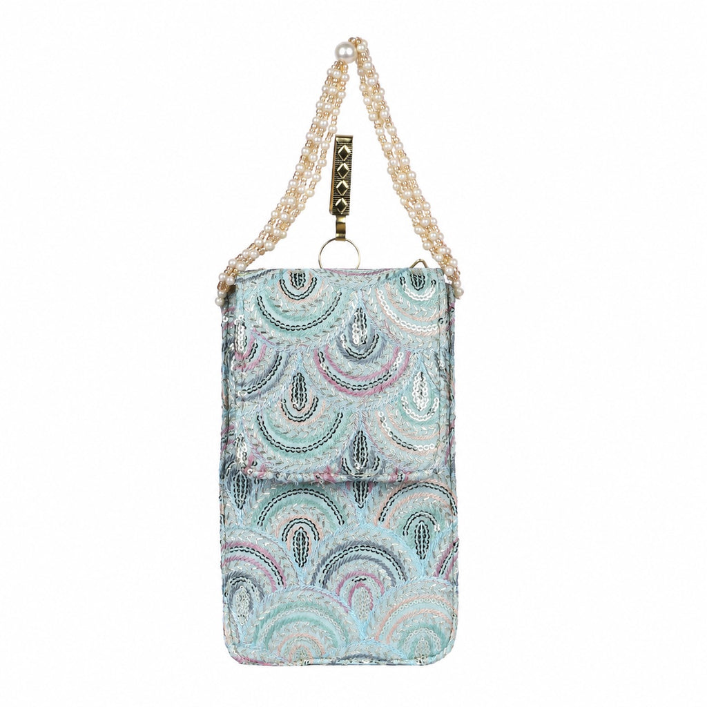 Aqua Blue Embroidered Mobile Pouch Sling Bag with Flap