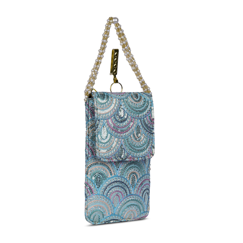 Aqua Blue Embroidered Mobile Pouch Sling Bag with Flap