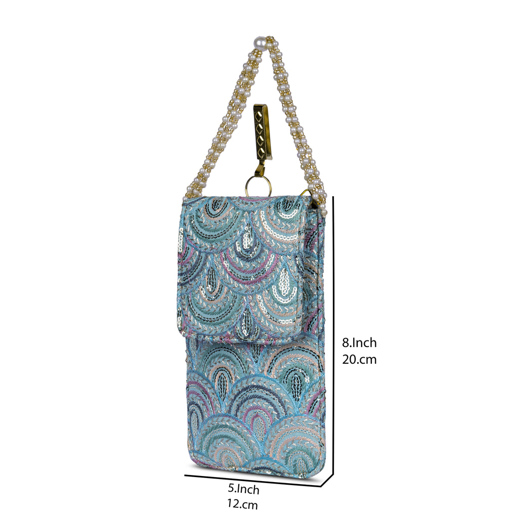 Aqua Blue Embroidered Mobile Pouch Sling Bag with Flap