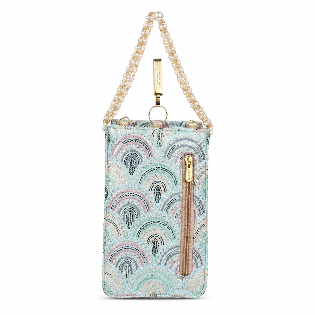 Aqua Blue Embroidered Mobile Pouch Sling Bag with Flap
