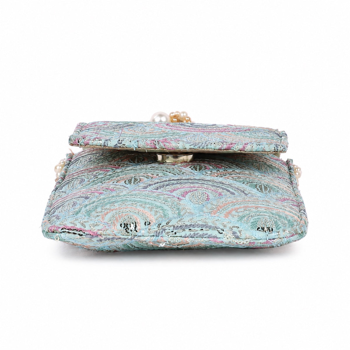 Aqua Blue Embroidered Mobile Pouch Sling Bag with Flap