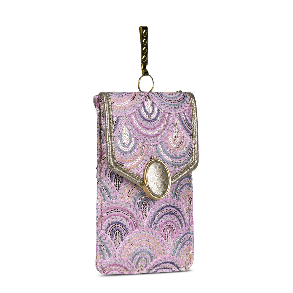 Lilac Embroidered Mobile Pouch Sling Bag with Oval Accent