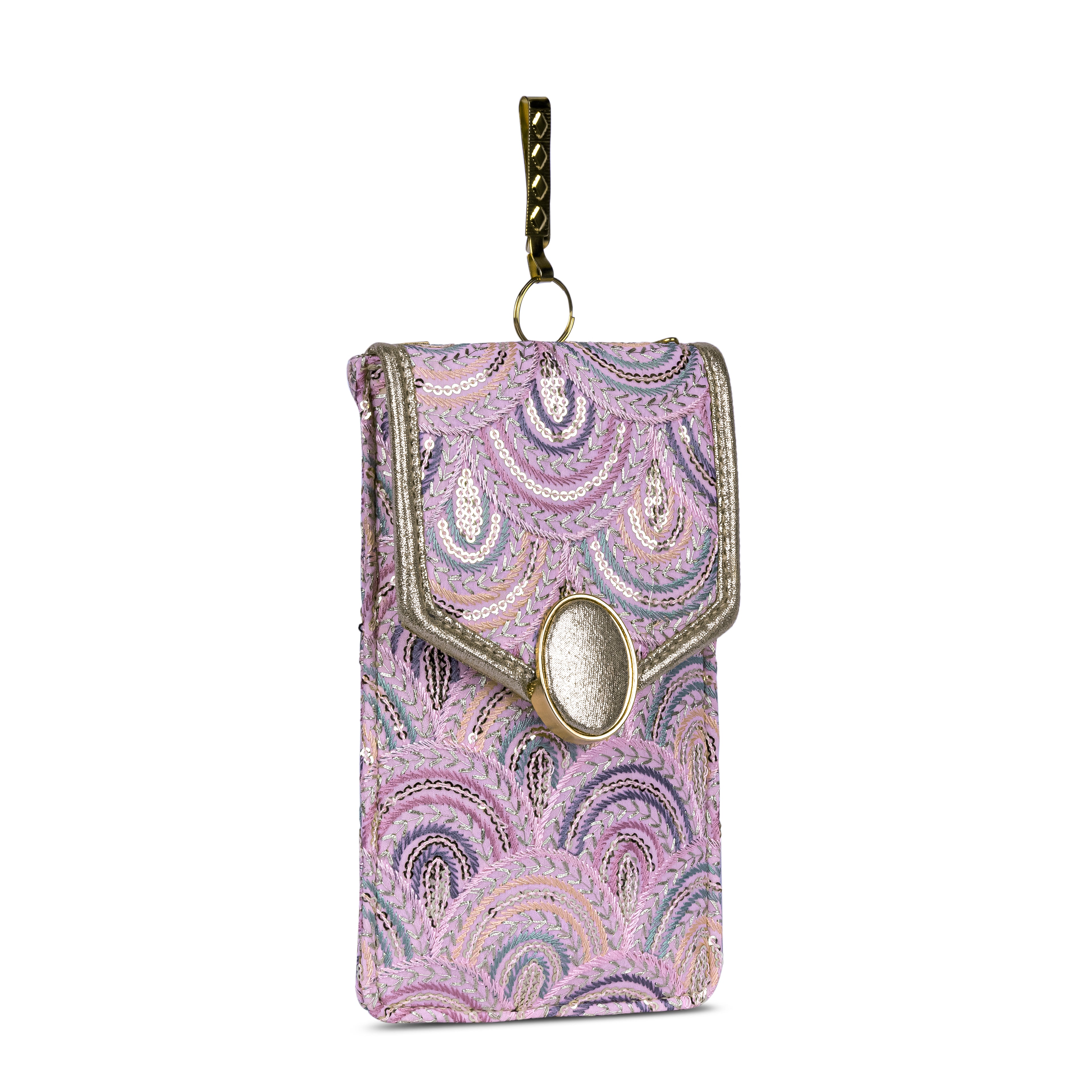 Lilac Embroidered Mobile Pouch Sling Bag with Oval Accent