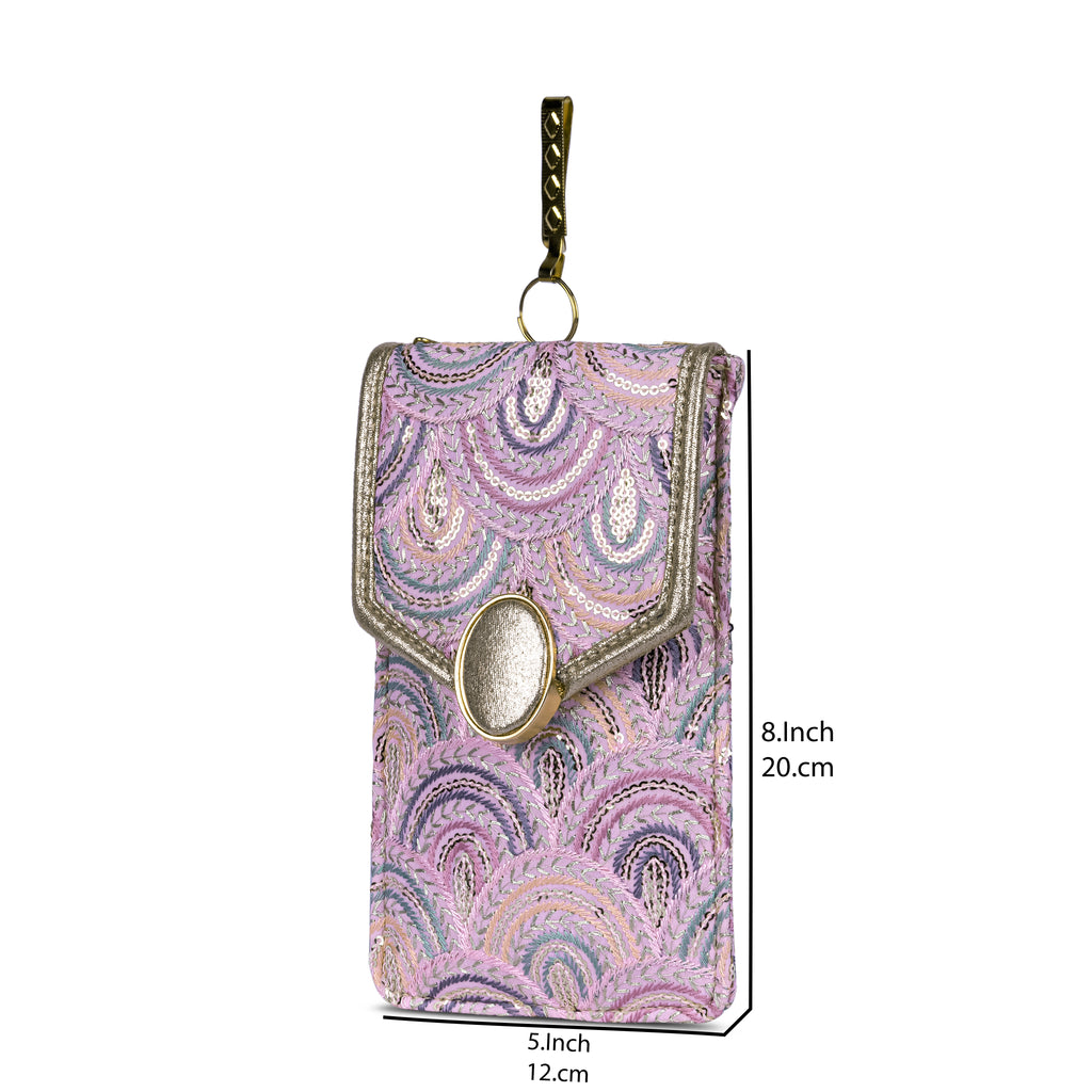 Lilac Embroidered Mobile Pouch Sling Bag with Oval Accent