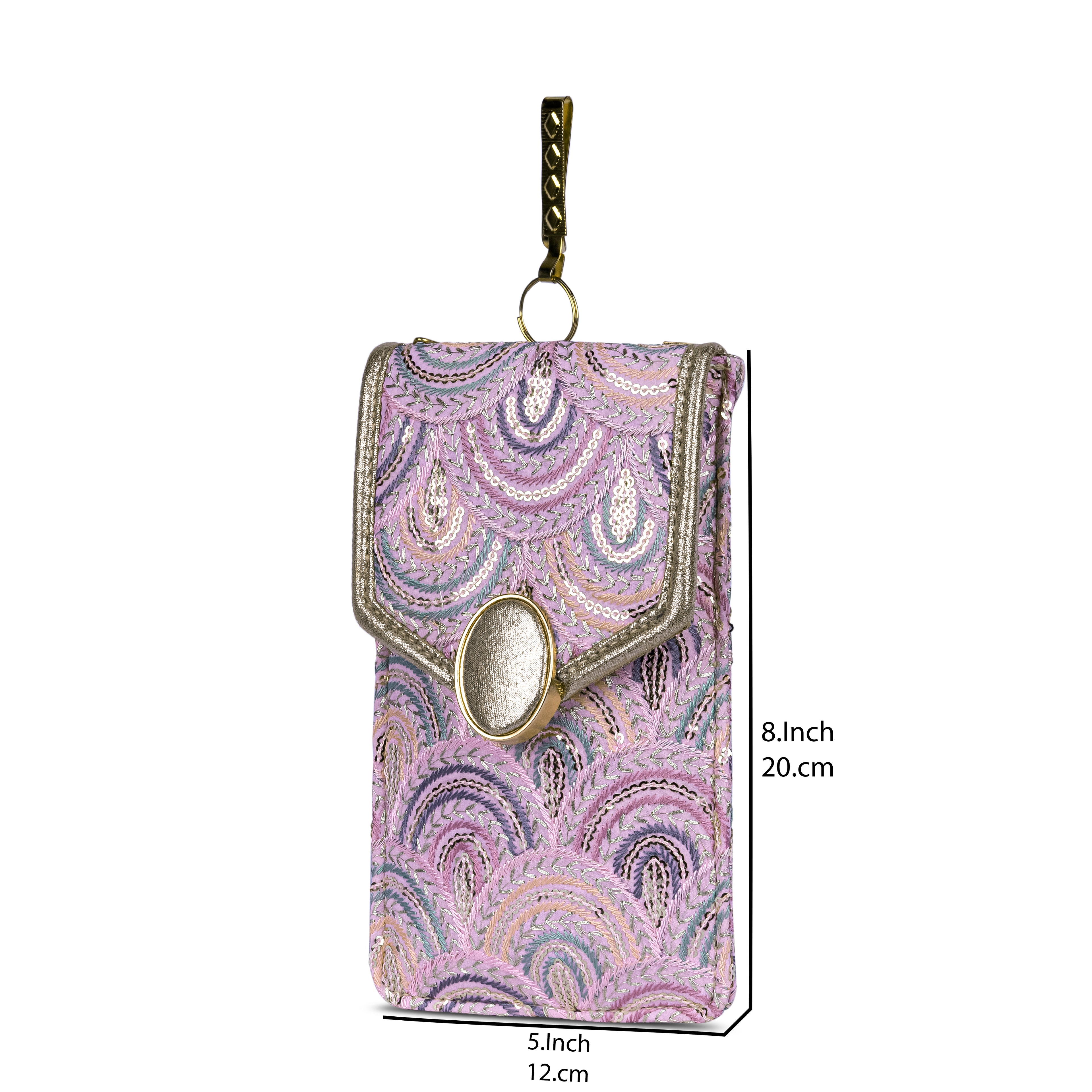 Lilac Embroidered Mobile Pouch Sling Bag with Oval Accent