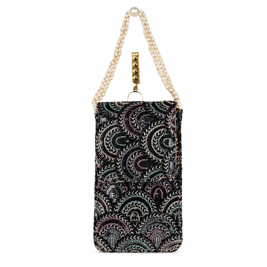 Black Embroidered Mobile Pouch Sling Bag with Flap