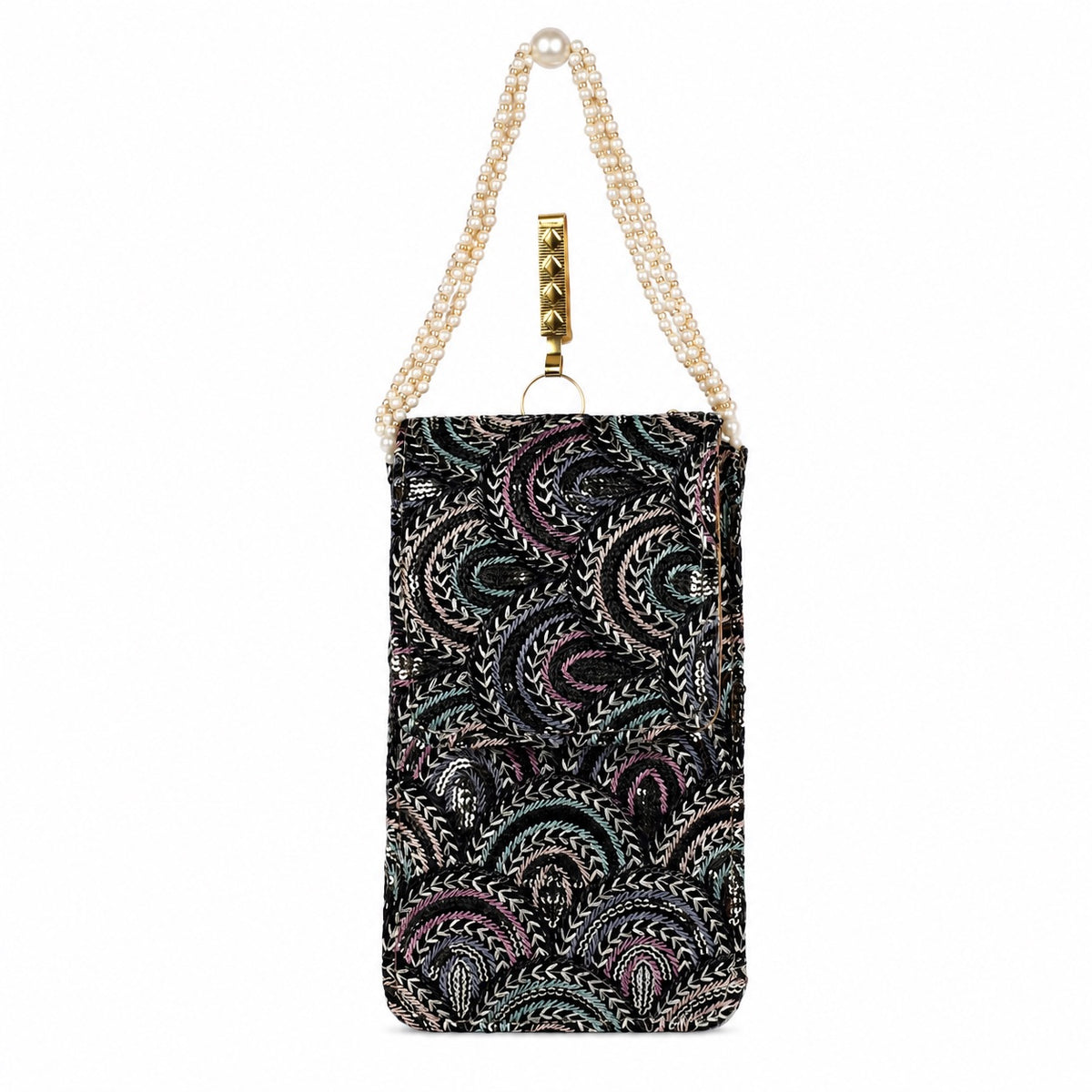 Black Embroidered Mobile Pouch Sling Bag with Flap