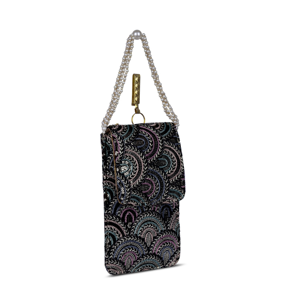 Black Embroidered Mobile Pouch Sling Bag with Flap