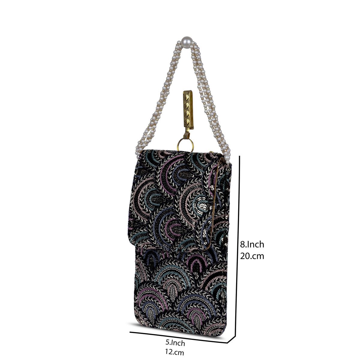 Black Embroidered Mobile Pouch Sling Bag with Flap