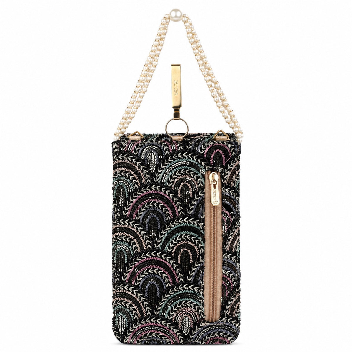Black Embroidered Mobile Pouch Sling Bag with Flap