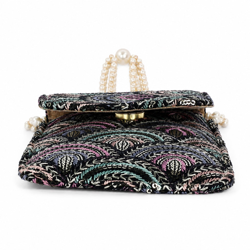Black Embroidered Mobile Pouch Sling Bag with Flap