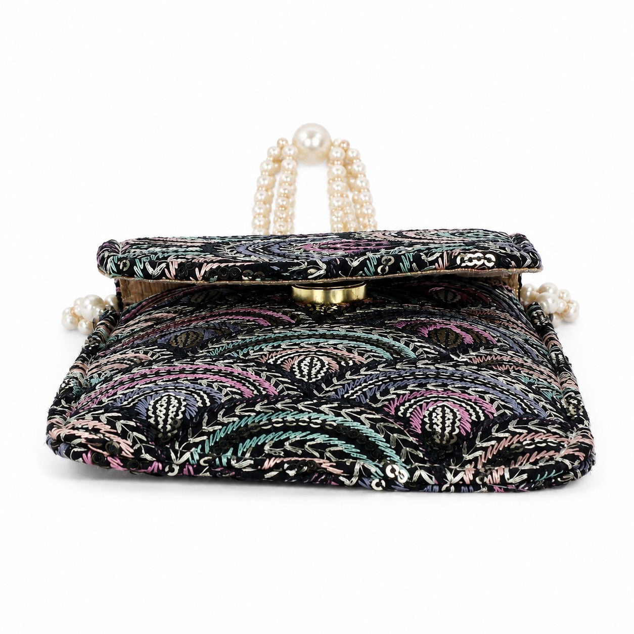 Black Embroidered Mobile Pouch Sling Bag with Flap