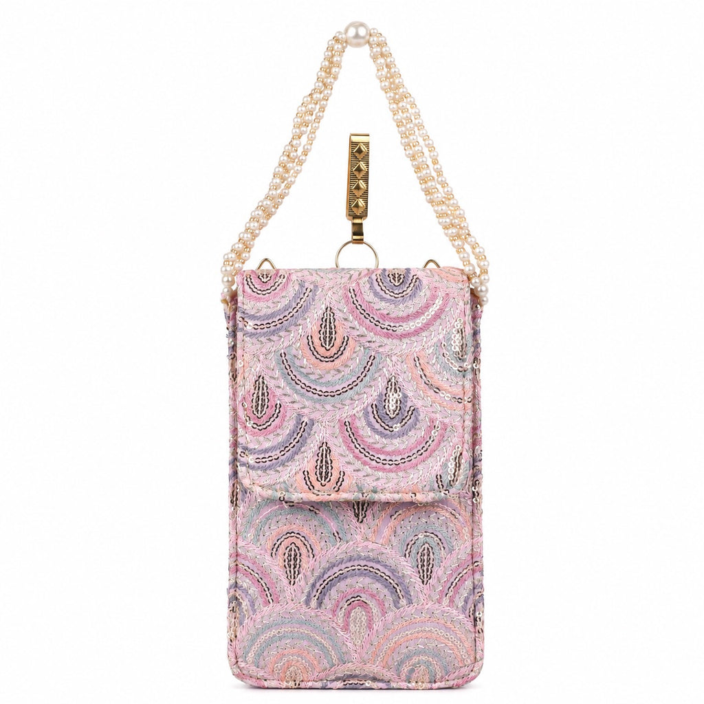 Lilac Embroidered Mobile Pouch Sling Bag with Flap