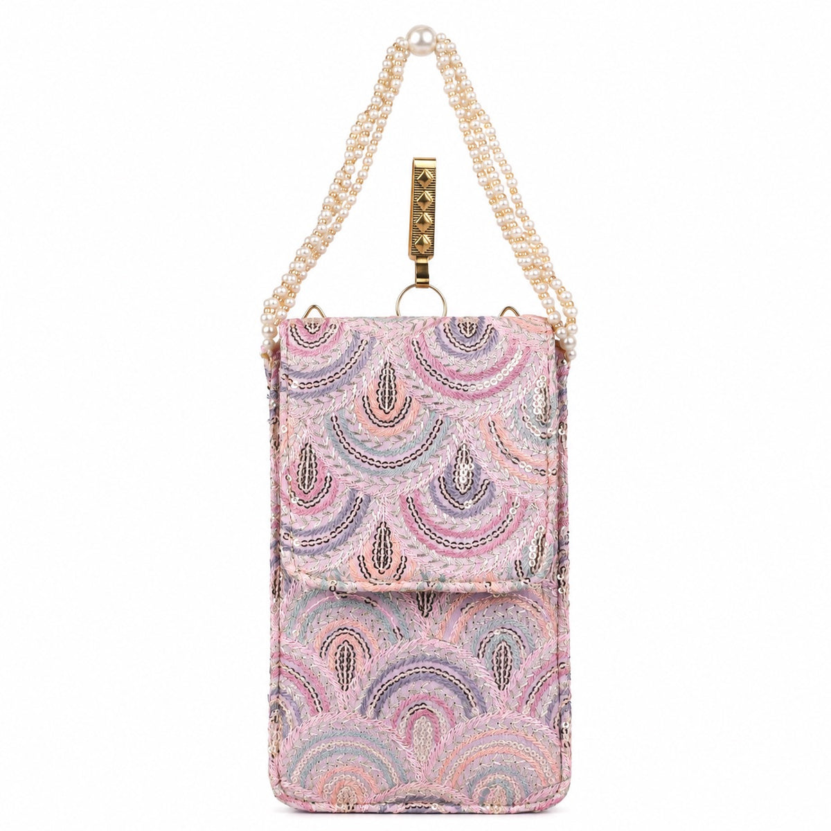 Lilac Embroidered Mobile Pouch Sling Bag with Flap