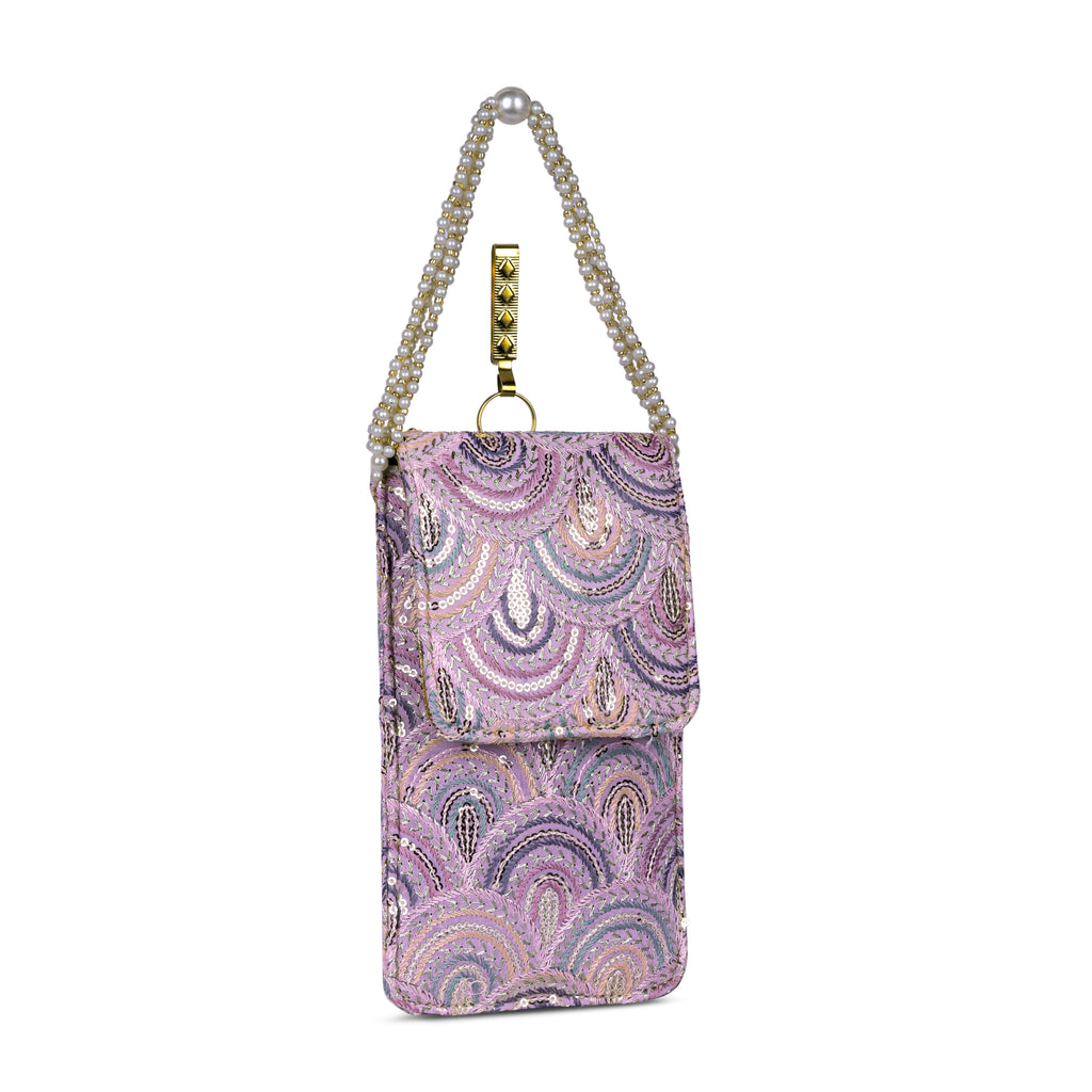 Lilac Embroidered Mobile Pouch Sling Bag with Flap
