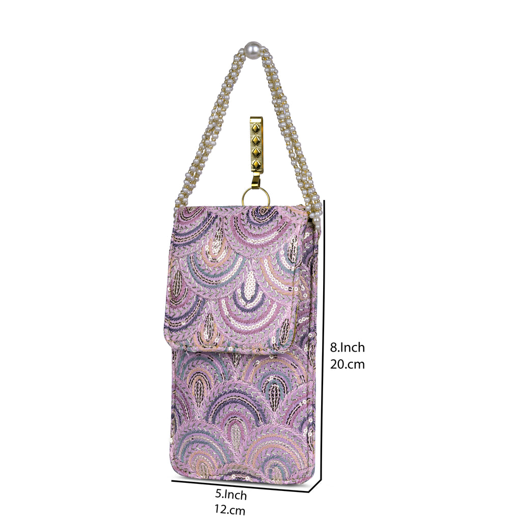 Lilac Embroidered Mobile Pouch Sling Bag with Flap