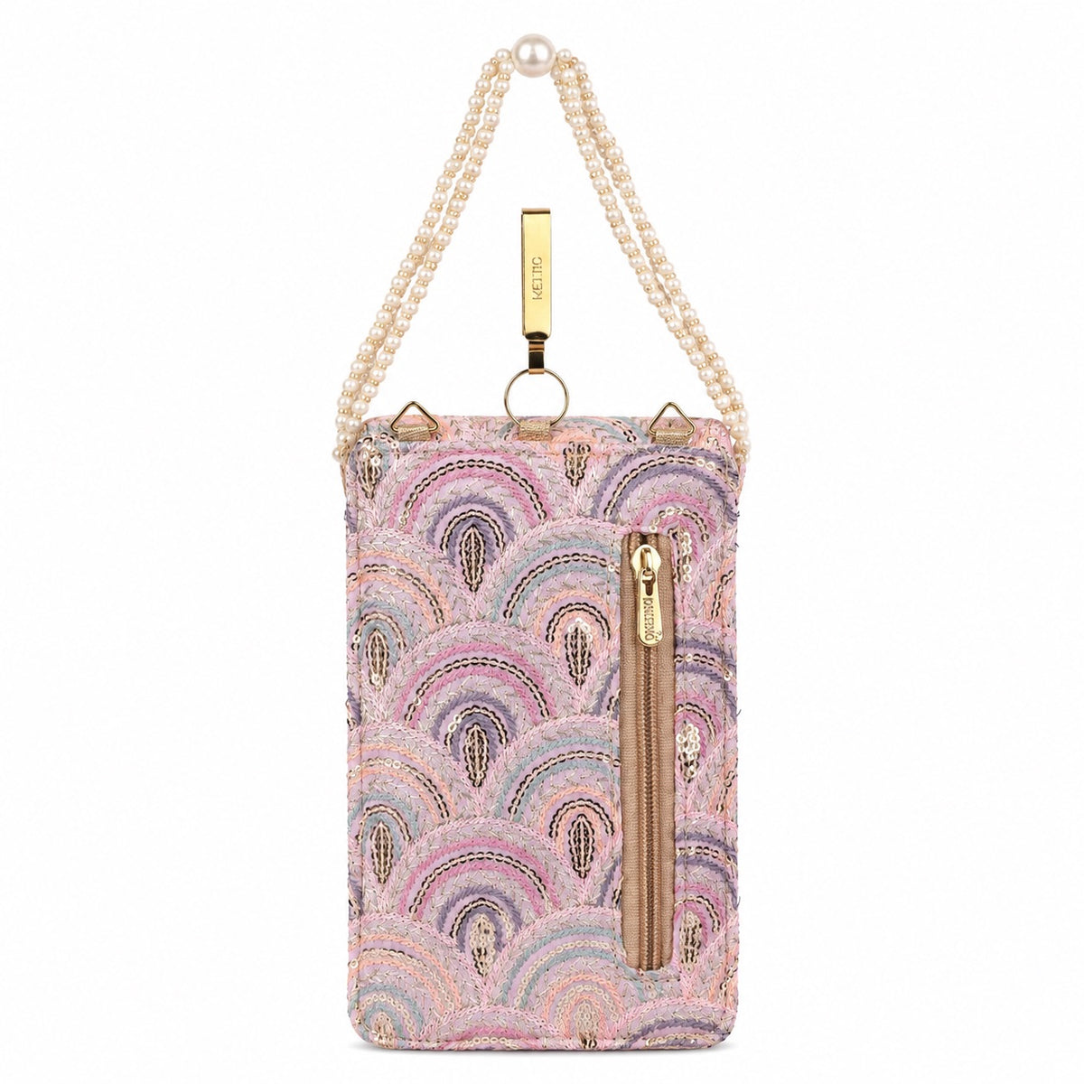 Lilac Embroidered Mobile Pouch Sling Bag with Flap
