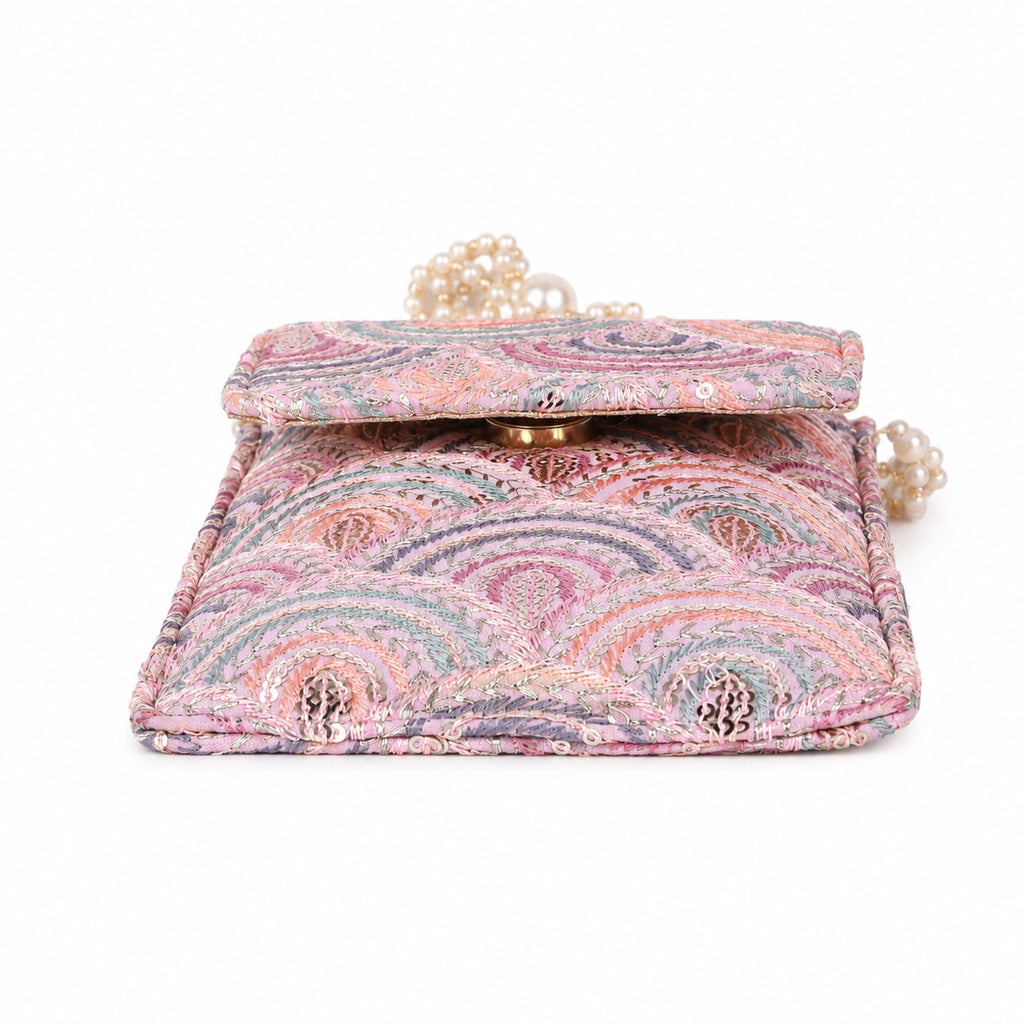 Lilac Embroidered Mobile Pouch Sling Bag with Flap