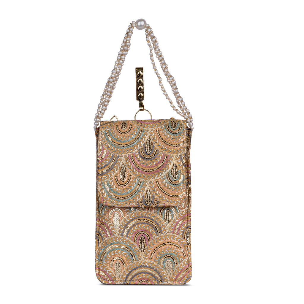 Beige Embroidered Mobile Pouch Sling Bag with Flap