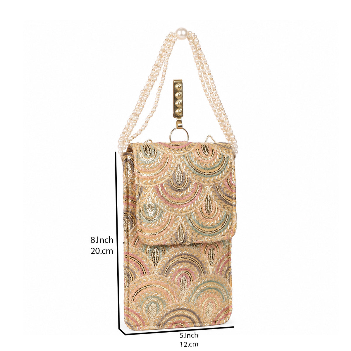 Beige Embroidered Mobile Pouch Sling Bag with Flap