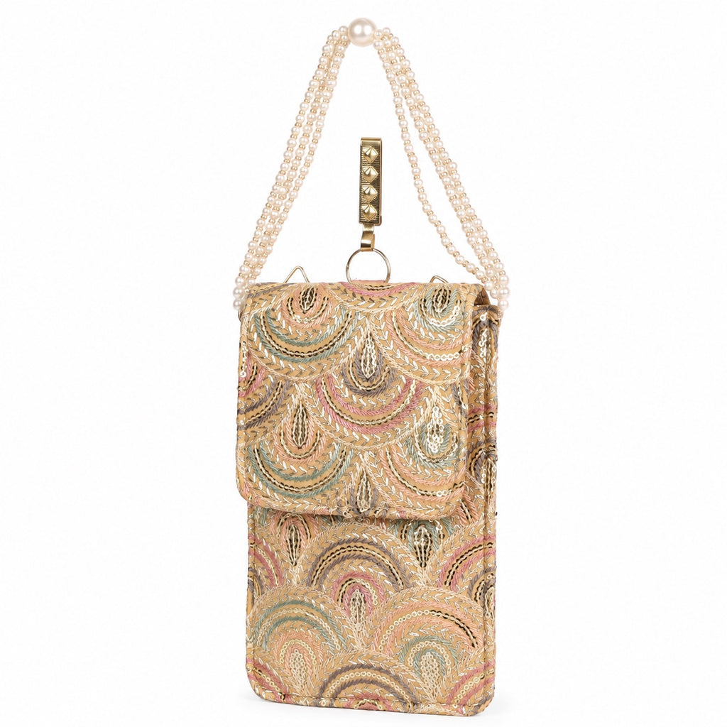 Beige Embroidered Mobile Pouch Sling Bag with Flap