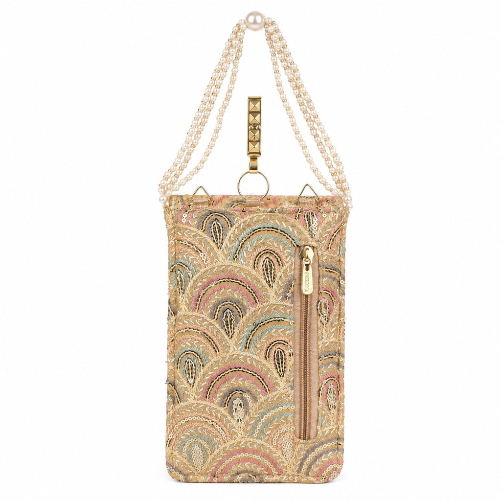 Beige Embroidered Mobile Pouch Sling Bag with Flap
