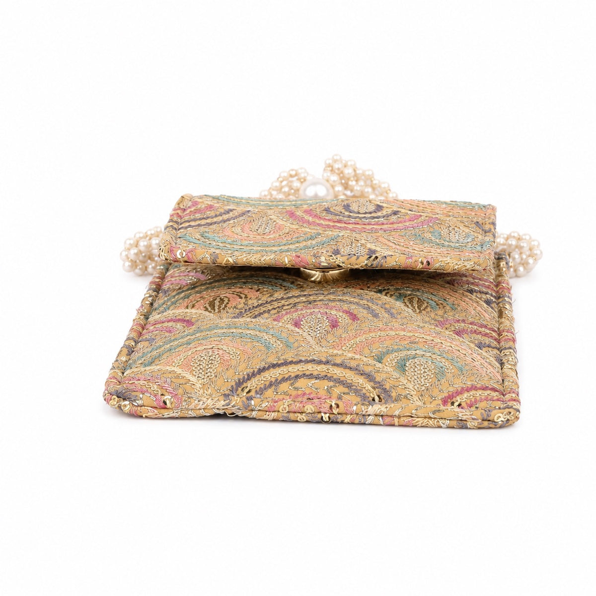 Beige Embroidered Mobile Pouch Sling Bag with Flap