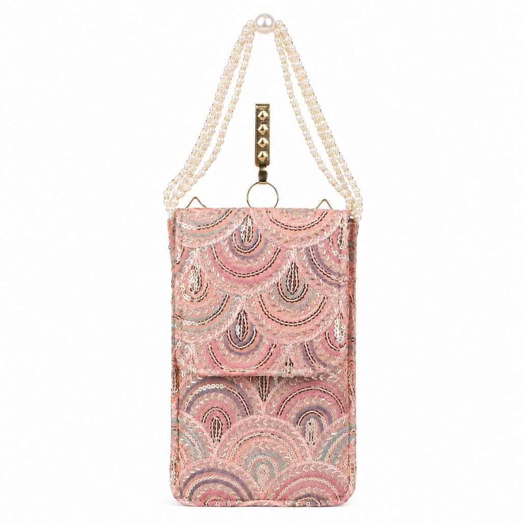 Pink Embroidered Mobile Pouch Sling Bag with Flap