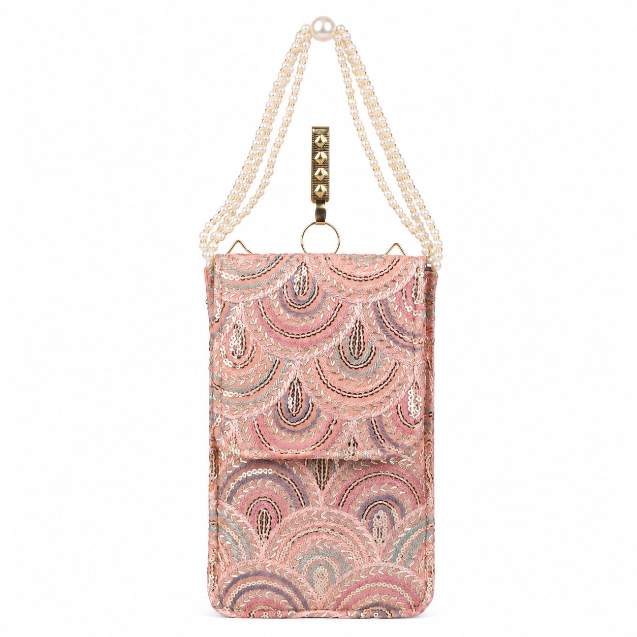 Pink Embroidered Mobile Pouch Sling Bag with Flap