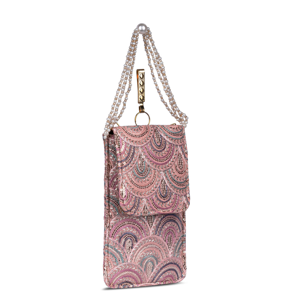 Pink Embroidered Mobile Pouch Sling Bag with Flap
