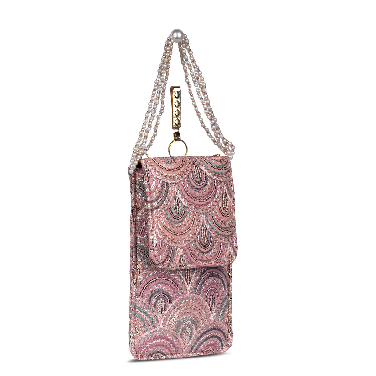 Pink Embroidered Mobile Pouch Sling Bag with Flap