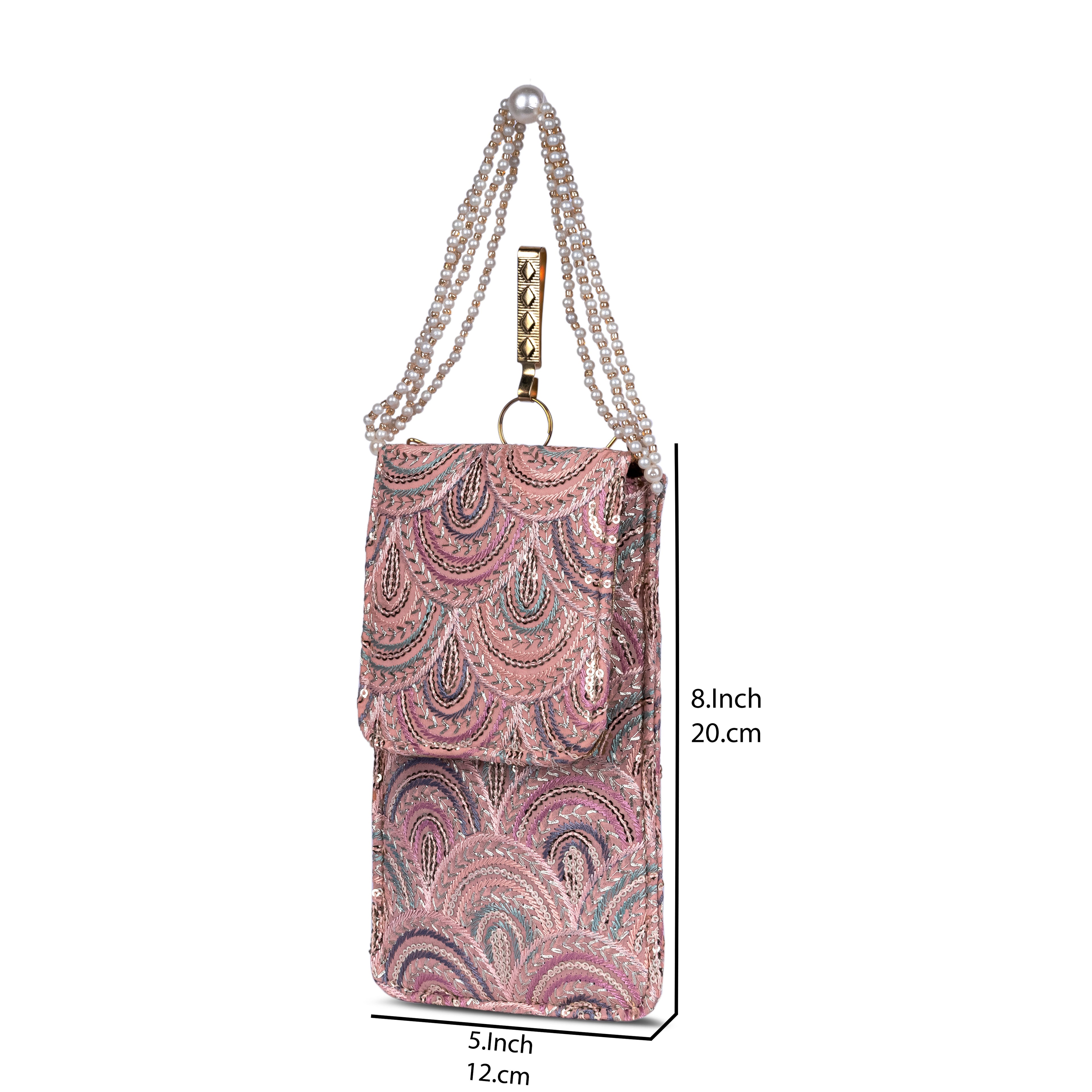 Pink Embroidered Mobile Pouch Sling Bag with Flap
