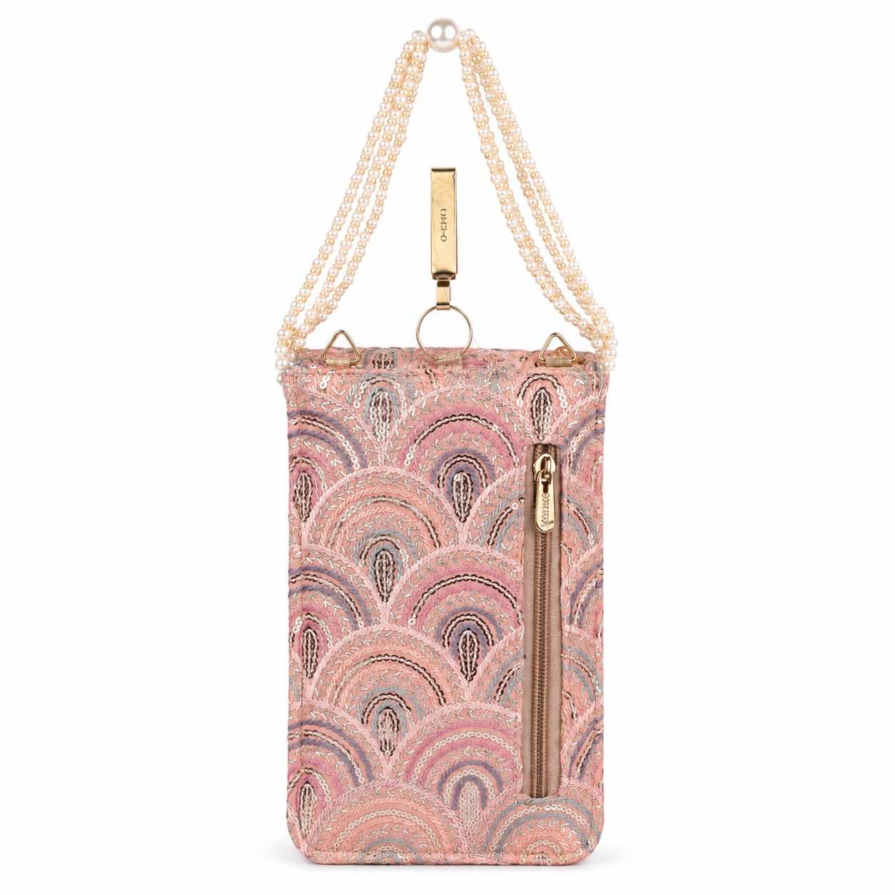 Pink Embroidered Mobile Pouch Sling Bag with Flap