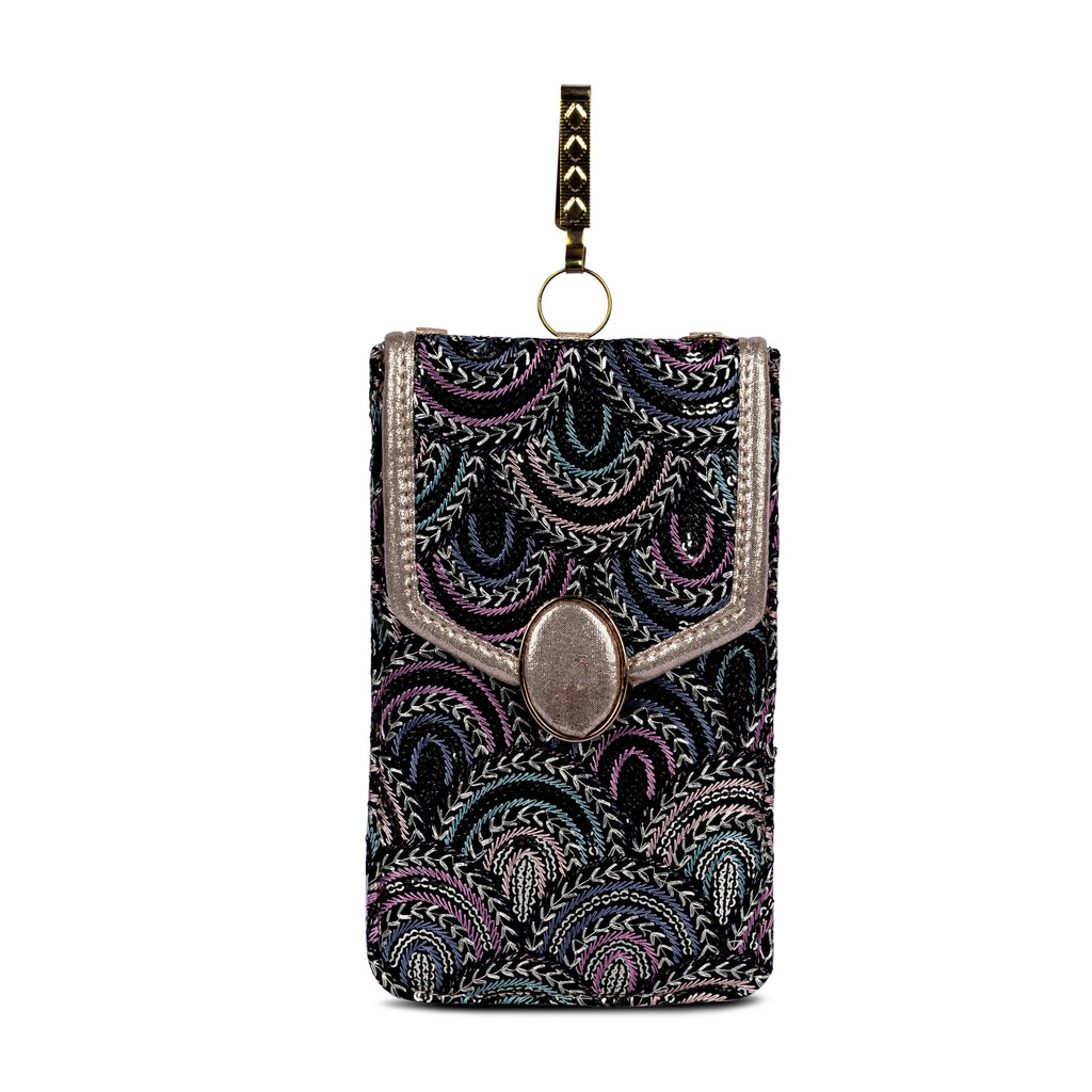 Black Embroidered Mobile Pouch Sling Bag with Oval Accent