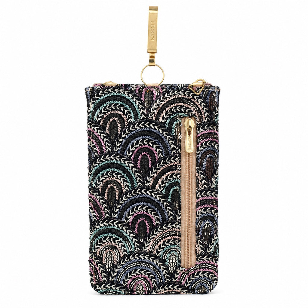 Black Embroidered Mobile Pouch Sling Bag with Oval Accent
