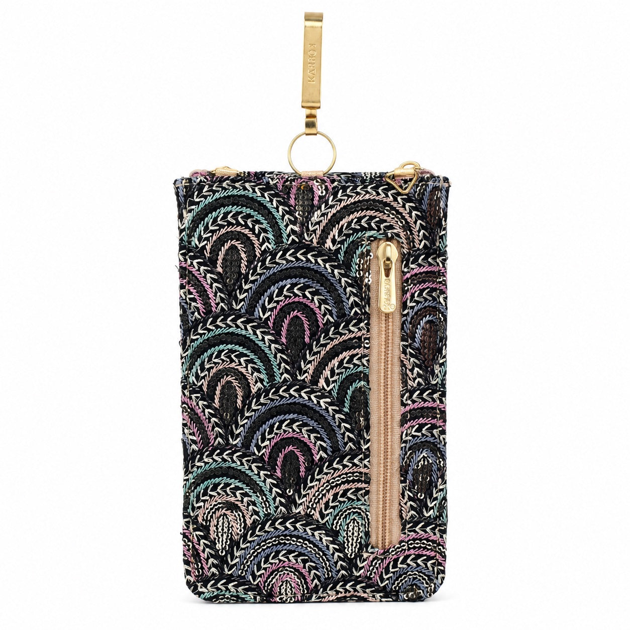 Black Embroidered Mobile Pouch Sling Bag with Oval Accent