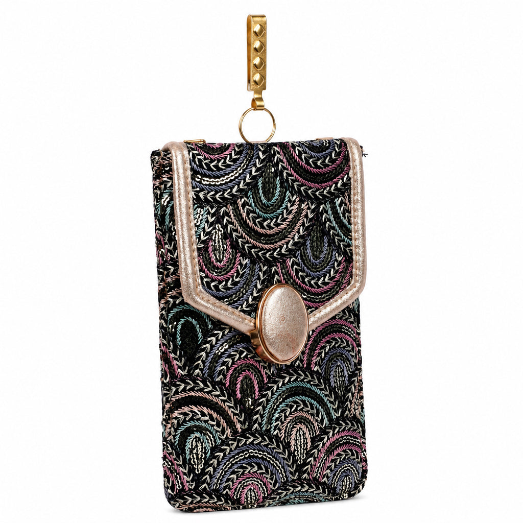 Black Embroidered Mobile Pouch Sling Bag with Oval Accent