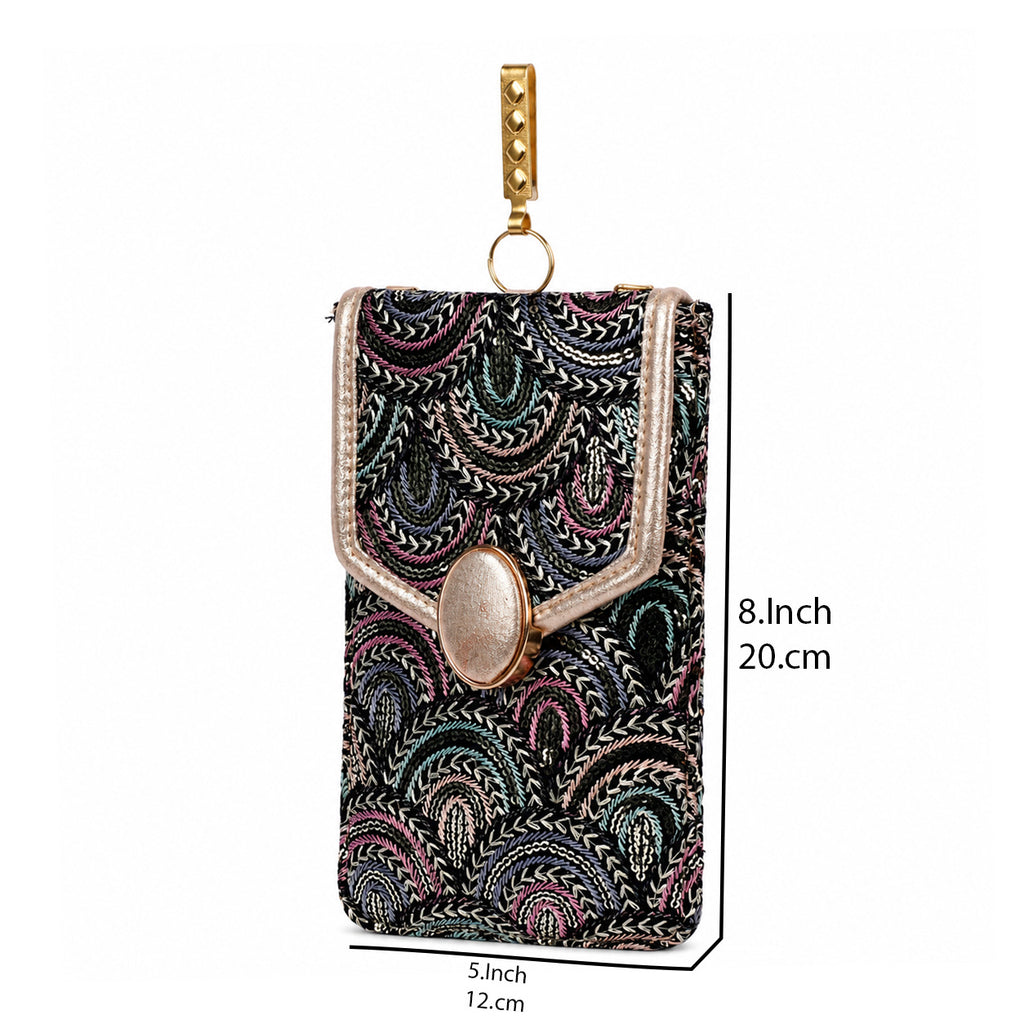 Black Embroidered Mobile Pouch Sling Bag with Oval Accent