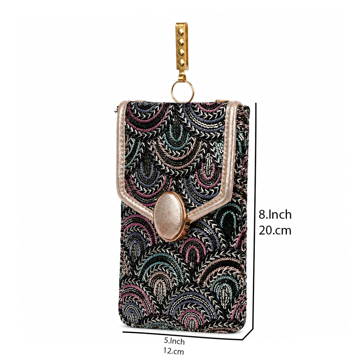 Black Embroidered Mobile Pouch Sling Bag with Oval Accent