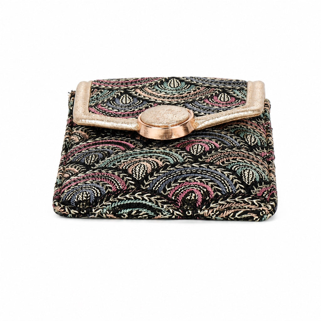Black Embroidered Mobile Pouch Sling Bag with Oval Accent