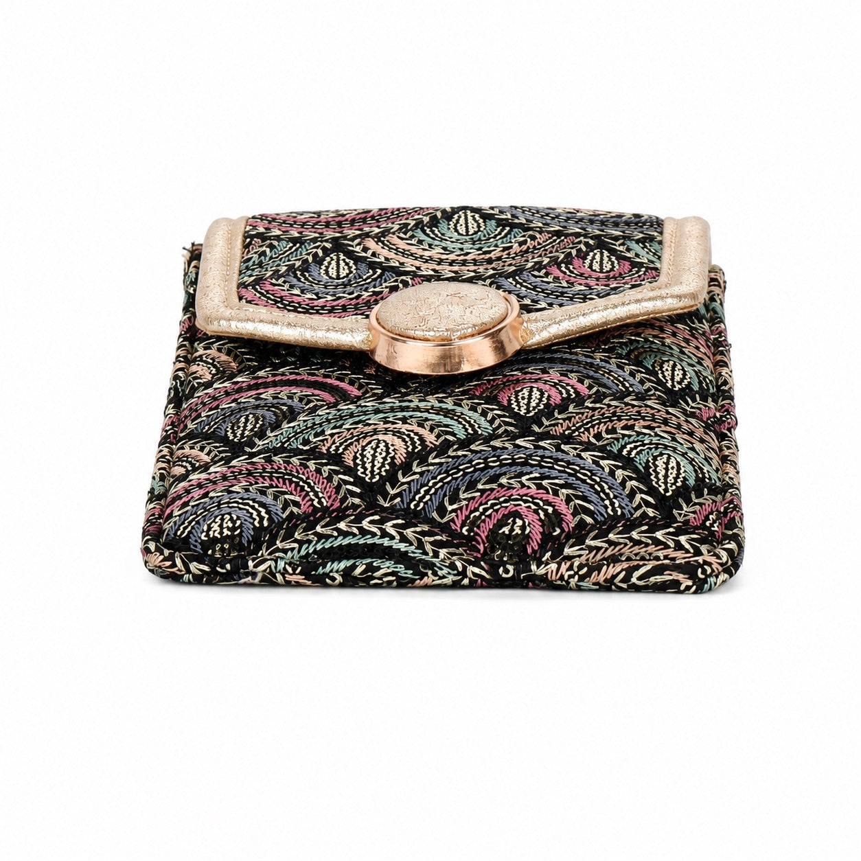 Black Embroidered Mobile Pouch Sling Bag with Oval Accent