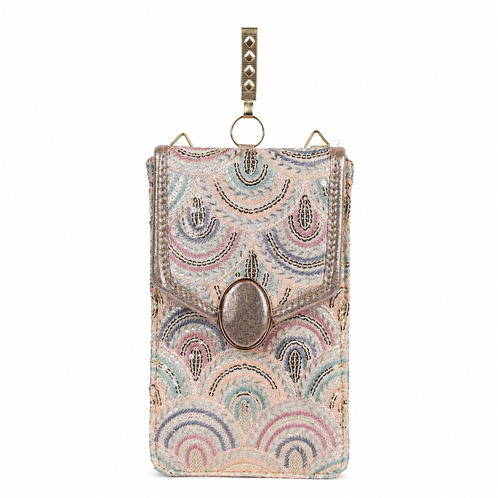 Beige Embroidered Mobile Pouch Sling Bag with Oval Accent