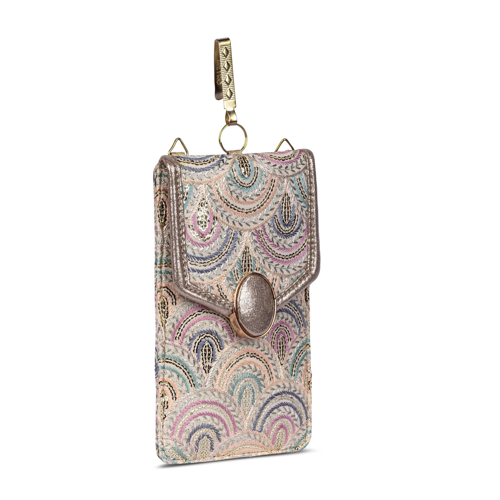 Beige Embroidered Mobile Pouch Sling Bag with Oval Accent