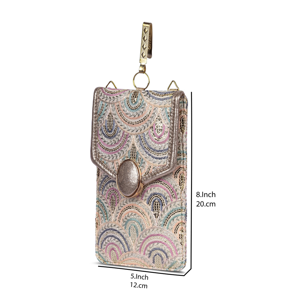 Beige Embroidered Mobile Pouch Sling Bag with Oval Accent
