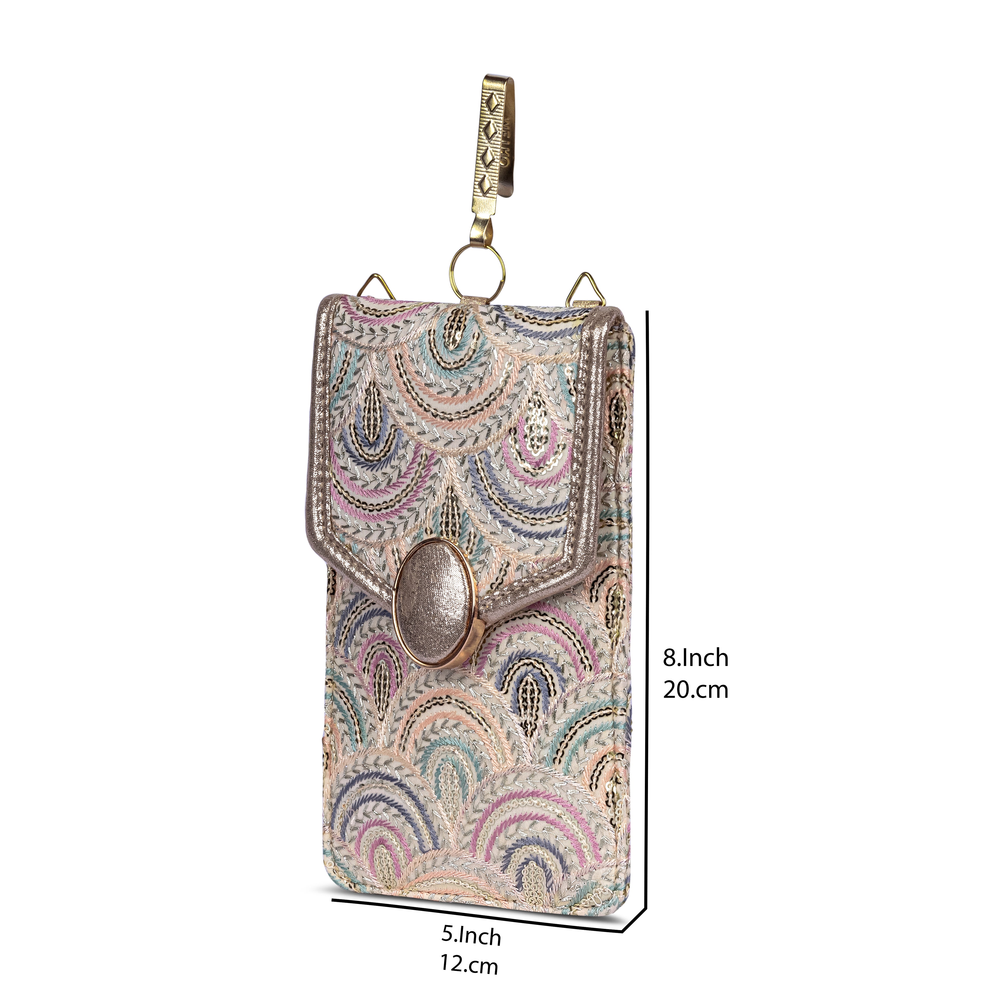 Beige Embroidered Mobile Pouch Sling Bag with Oval Accent